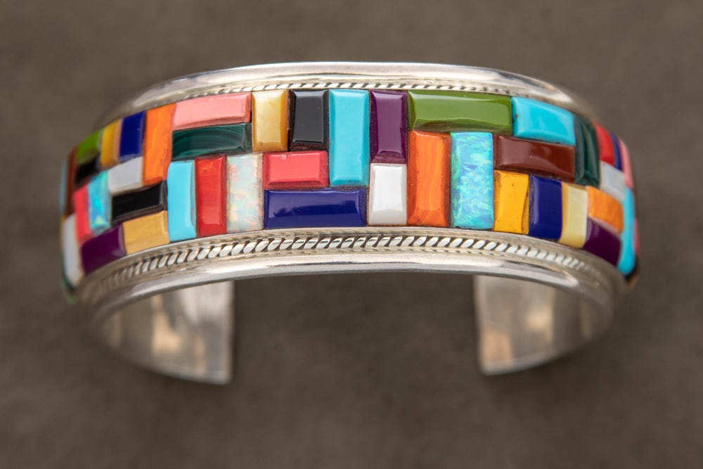 Unique sterling & multi-stone Cuff with various colors and stones to include: turquoise, coral, (1 of 2)