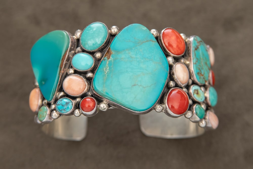 Beautiful multi-stone silver Cuff with multi-color and various size stones to include, coral, (1 of 2)
