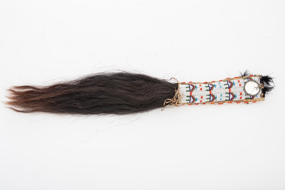 Native American Ceremonial Wand with leather and beaded handle. Handle has mirrored top with horse: Native American Ceremonial Wand with leather and beaded handle. Handle has mirrored top with horse hair tail that measures 18" long. NOTE: Mirror is cracked.