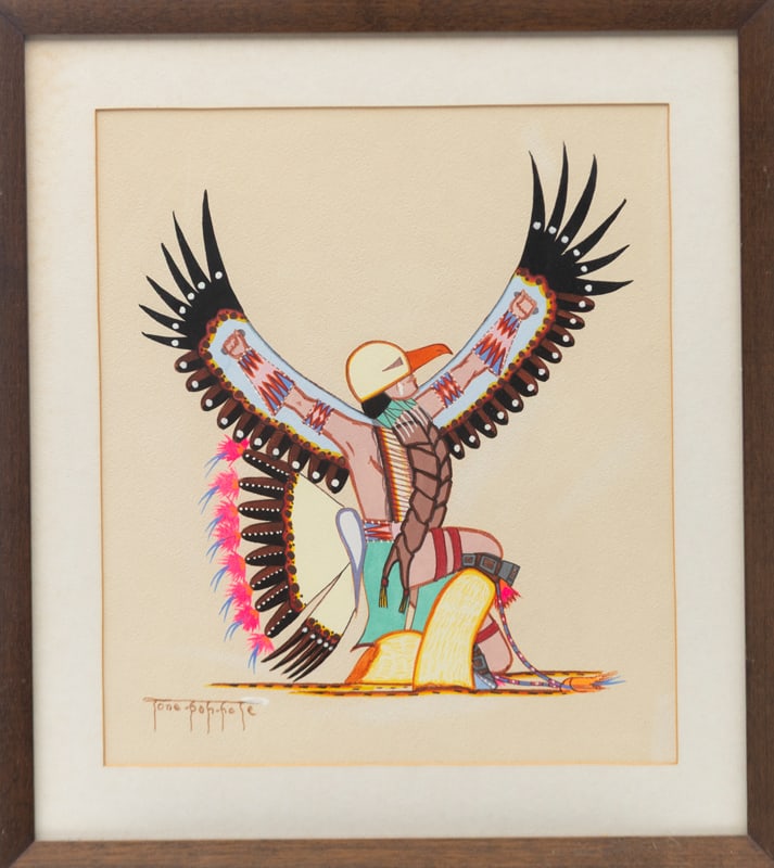 Pair of Eagle Dancers Watercolors by noted artist Billy Tonepahhote, (Kiowa, 1930-1982) one is: Pair of Eagle Dancers Watercolors by noted artist Billy Tonepahhote, (Kiowa, 1930-1982) one is signed lower left the other is signed lower right, with paper work verso, showing previous owner and