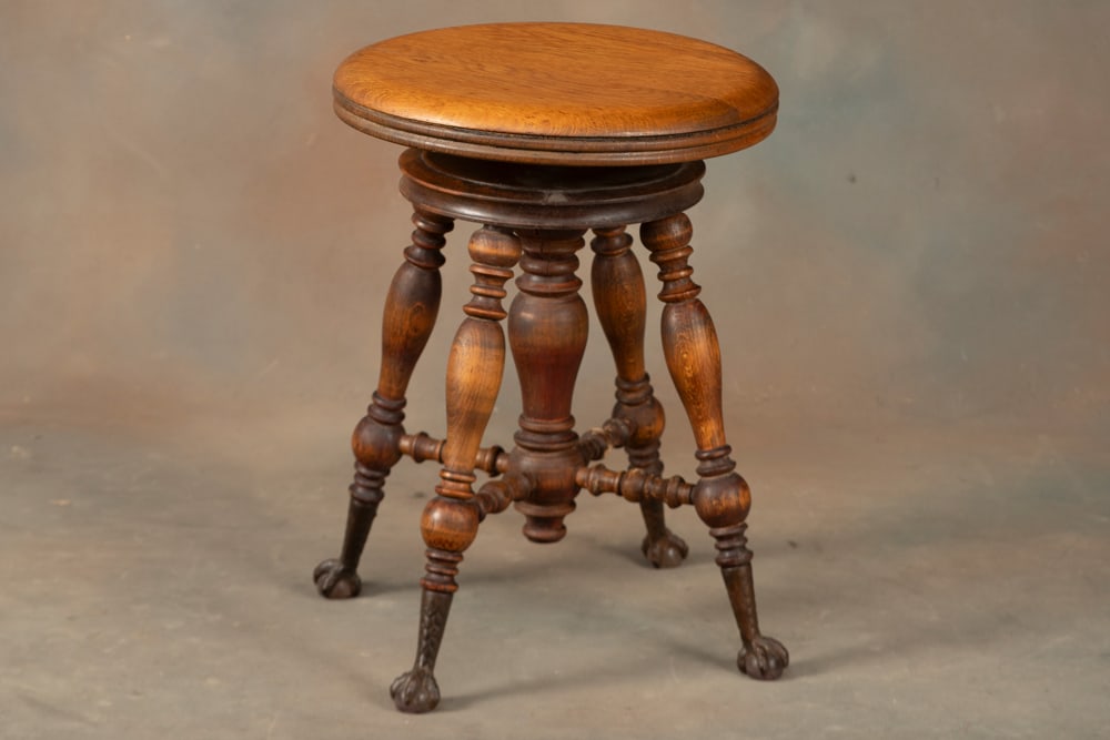 Antique oak Piano Stool with revolving seat, Tiffany type glass ball and claw feet, circa 1900-1910,: Antique oak Piano Stool with revolving seat, Tiffany type glass ball and claw feet, circa 1900-1910, estate original condition.