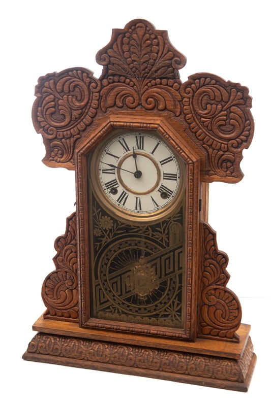 Fancy antique Kitchen Clock, circa 1900, eight day time & strike, with key and pendulum, attributed (1 of 4)