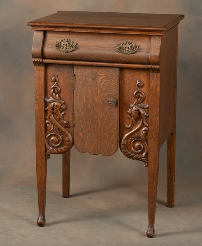 Unique antique quarter sawn oak, single door Server with drawered front, fancy carving, circa 1900, (1 of 1)