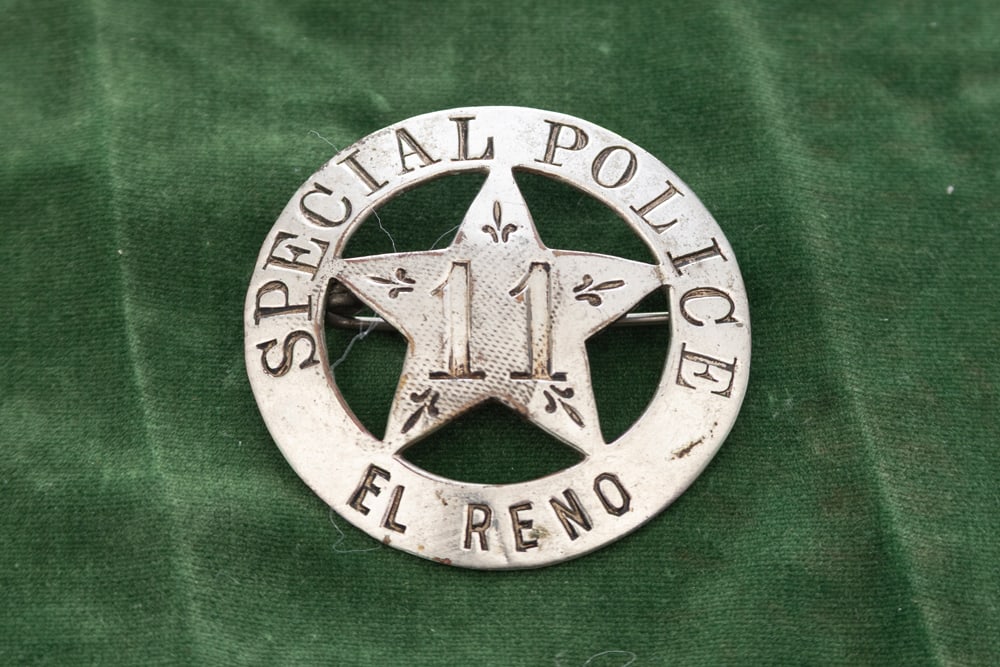Large vintage Circle 5-point Star Badge marked “SPECIAL POLICE / EL RENO?? with “11?? in: Large vintage Circle 5-point Star Badge marked “SPECIAL POLICE / EL RENO” with “11” in center of Star, measures 2 ¼” D and is hallmarked “H.C. LIEPSNER/ & CO./ MAKER/ KA