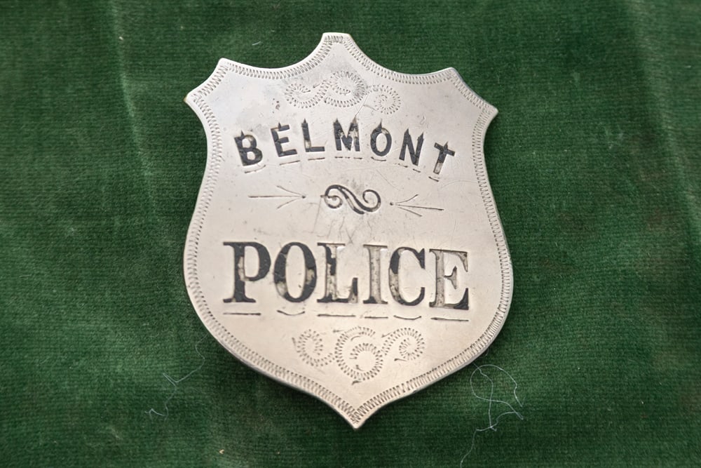 Vintage “BELMONT / POLICE?? marked shield shaped Badge with detailed ticking around the edge and (1 of 2)