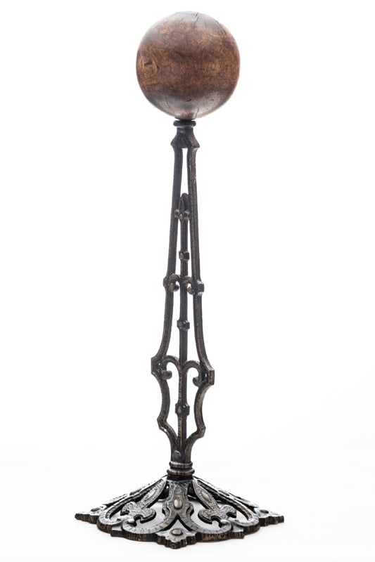 Antique cast iron Hat Stand with fancy footed base and large wooden ball hat rest, measures 24" T on (1 of 3)