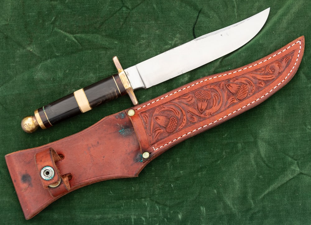 Handmade Bowie Knife in tooled leather sheath. No visible maker mark, 7 1/4" clip point blade, 12 (1 of 2)