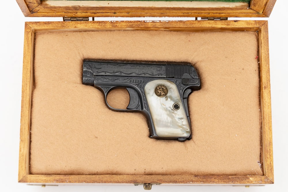 Engraved Colt 1908 Pistol, .25 ACP caliber, SN 61130, Pearl Grips. A Pocket Hammerless (1 of 2)