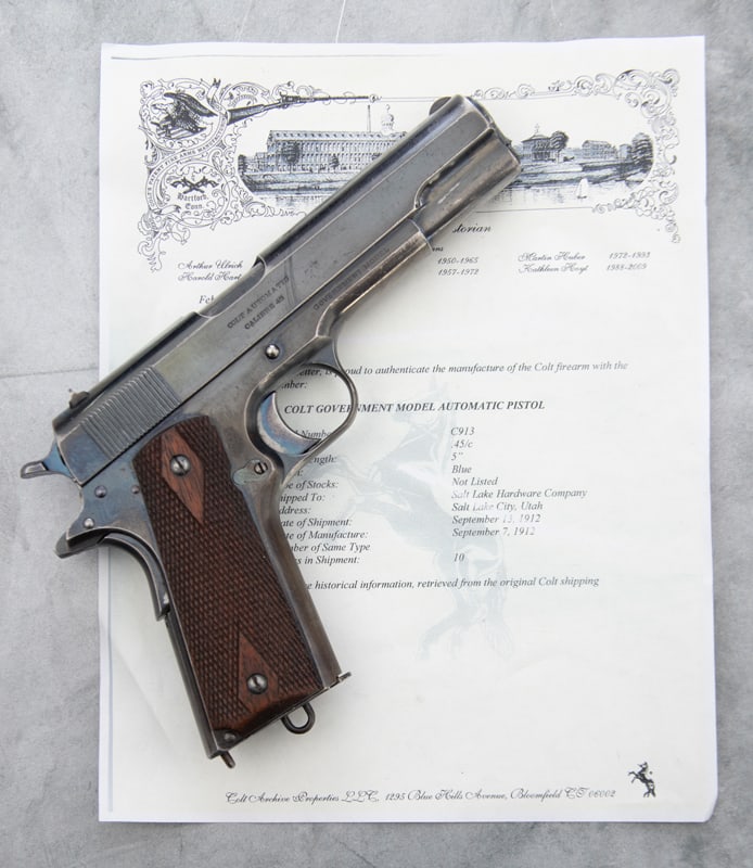 Colt Government Model, .45 ACP caliber, Automatic Pistol, SN C913, with 5" barrel, high polish blue (1 of 4)