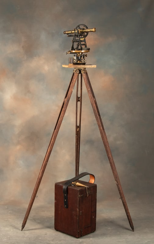 Antique brass Transit and wooden Tripod Stand marked "Buff & Buff Mfg. Co., Boston", in its original (1 of 2)