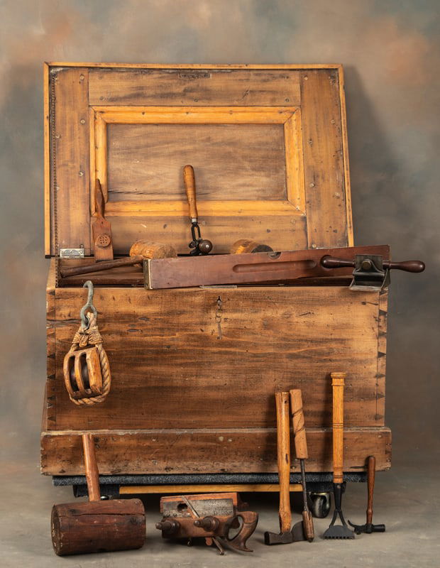 Early American wooden dovetail Carpenters Chest, circa mid-1800's, with 9 drawer interior. Chest (1 of 3)
