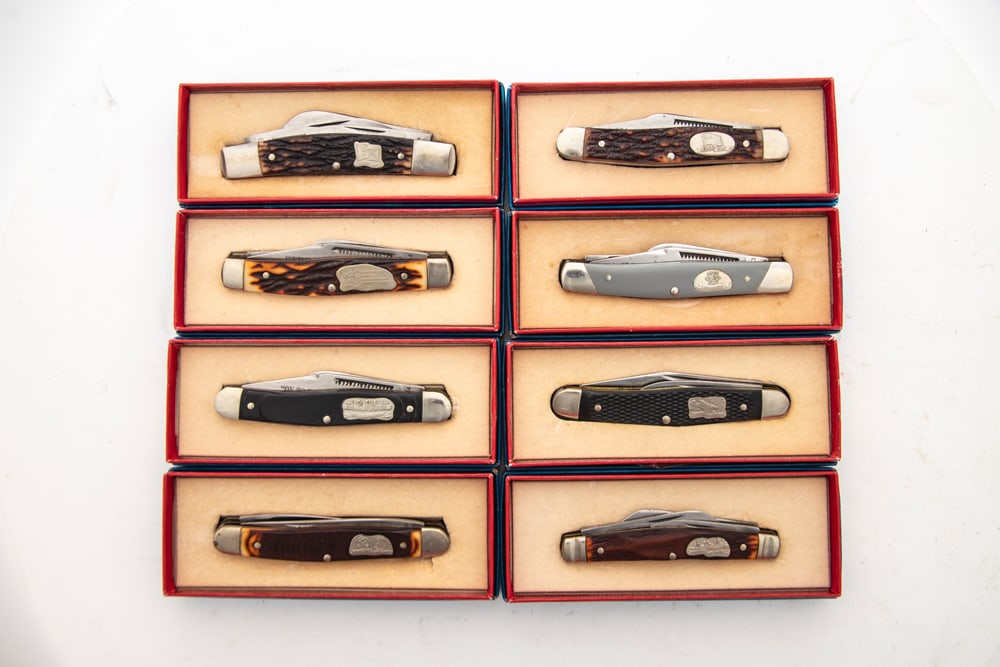 Complete collection of 12 Boker Tree Brand U.S.A. Great American Story, Part II, Knives. Knife Set: Complete collection of 12 Boker Tree Brand U.S.A. Great American Story, Part II, Knives. Knife Set to include: #1782 The Cotton Gin / #1783 Louisiana Purchase / #1784 Lewis & Clark / #1785 Monroe Doct