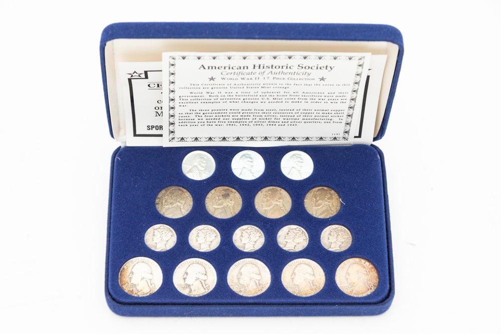 WWII, 17 piece Coin Collection with Certificate of Authenticity in fitted case. Three Pennies made (1 of 1)