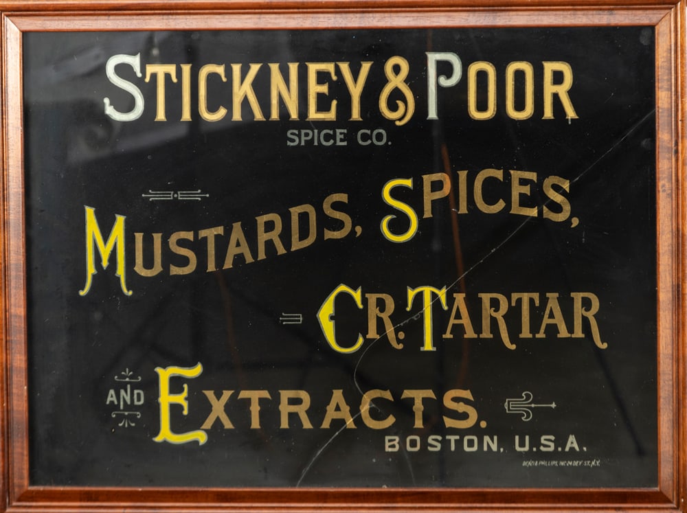 Antique framed, reverse painted on glass Advertisement for "Stickney & Poor Spice Co.", marked at: Antique framed, reverse painted on glass Advertisement for "Stickney & Poor Spice Co.", marked at lower right "Denzi & Phillips Inc. 24 Dey St. N.Y." Sign does have an old crack in glass. Wooden frame