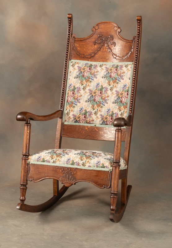 Antique high back, quarter sawn oak Arm Rocker, circa 1900-1910, with wreath carved back that (1 of 2)