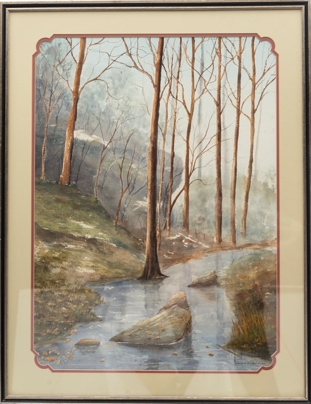 Original framed Watercolor by artist Lonnie Richardson, dated '81, winter scene, in gallery frame (1 of 1)