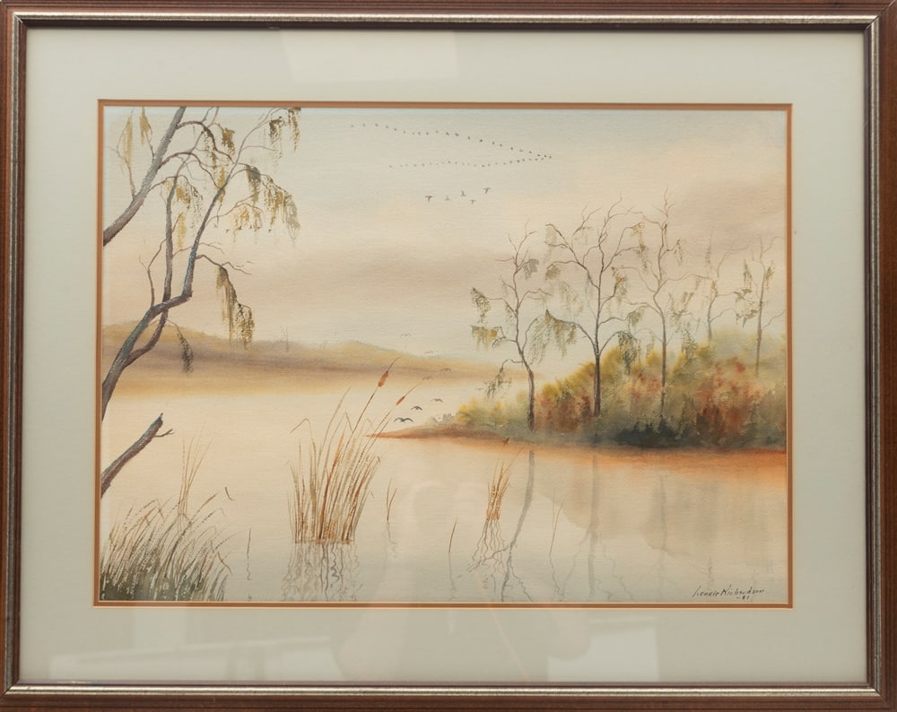 Original framed Watercolor by artist Lonnie Richardson, Corpus Christi, Tx., dated '81, Bayou scene: Original framed Watercolor by artist Lonnie Richardson, Corpus Christi, Tx., dated '81, Bayou scene with flock of ducks, in gallery frame that measures 30 1/2" x 38 1/4".
