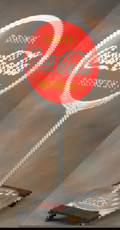 Large cast iron & porcelain Pedestal Coca Cola Advertising Sign, double side, 30" diameter with some: Large cast iron & porcelain Pedestal Coca Cola Advertising Sign, double side, 30" diameter with some restoration. Sign measures 63 1/2" T x 22" round base. Sign is marked "Tenn. Enamel Co. Nashville,