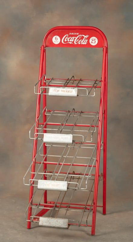 Original metal, floor model Carton Case Display Rack advertising "Drink Coca-Cola, Six Bottle Carton (1 of 3)