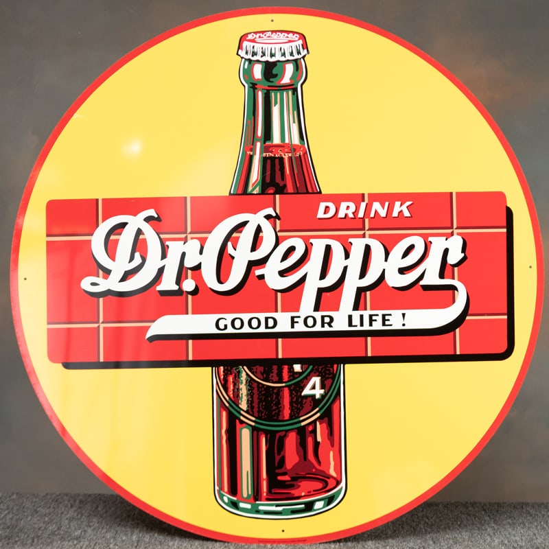 Large round metal "Drink Dr. Pepper" Advertising Sign, measures 35" diameter, in near pristine (1 of 2)