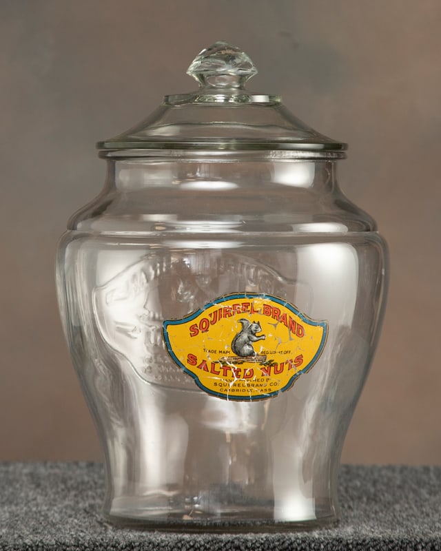 Vintage glass country store Advertising Jar, "Squirrel Brand Salted Nuts" with embossed squirrel on (1 of 2)