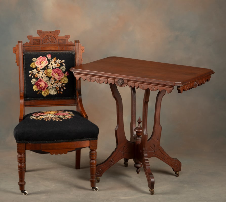 Victorian two-piece Parlor Set, circa 1880-1890's to include: Walnut Victorian Lamp Table with (1 of 2)