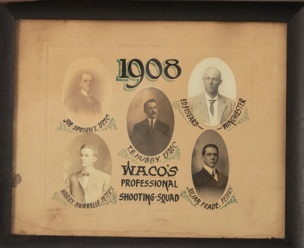 Antique framed Print of Images of "1908 WACO'S PROFESSIONAL SHOOTING SQUAD", showing the likeness: Antique framed Print of Images of "1908 WACO'S PROFESSIONAL SHOOTING SQUAD", showing the likeness of: JOE SPEIGHT. U-M-C / T.E. HUBBY. U-M-C / ED FOSGARD. WINCHESTER / HARRY MURRELLE. PETERS / JULIAN