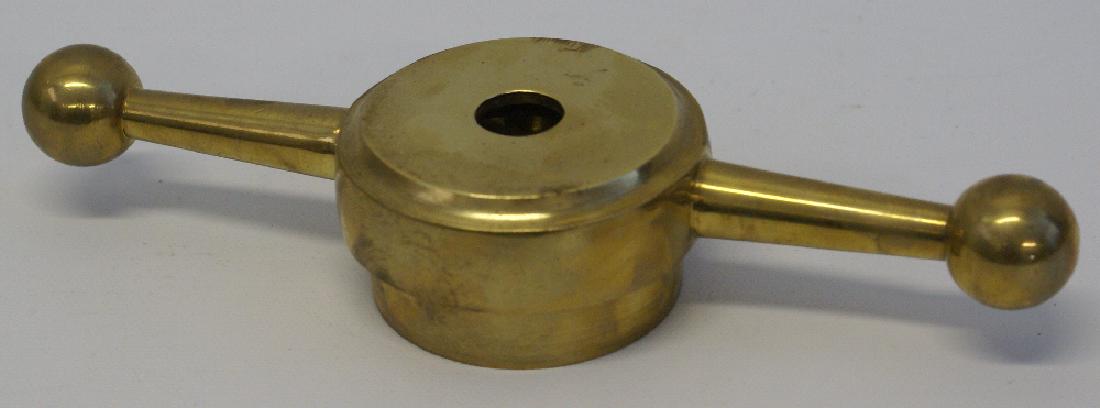 8" Brass Dog Bone Radiator Cap with 2" Threaded Hole: Vintage Brass Dog Bone Radiator Cap with Hole for Motometer. Measures 8" from end to end and 2" threaded opening. Never used.