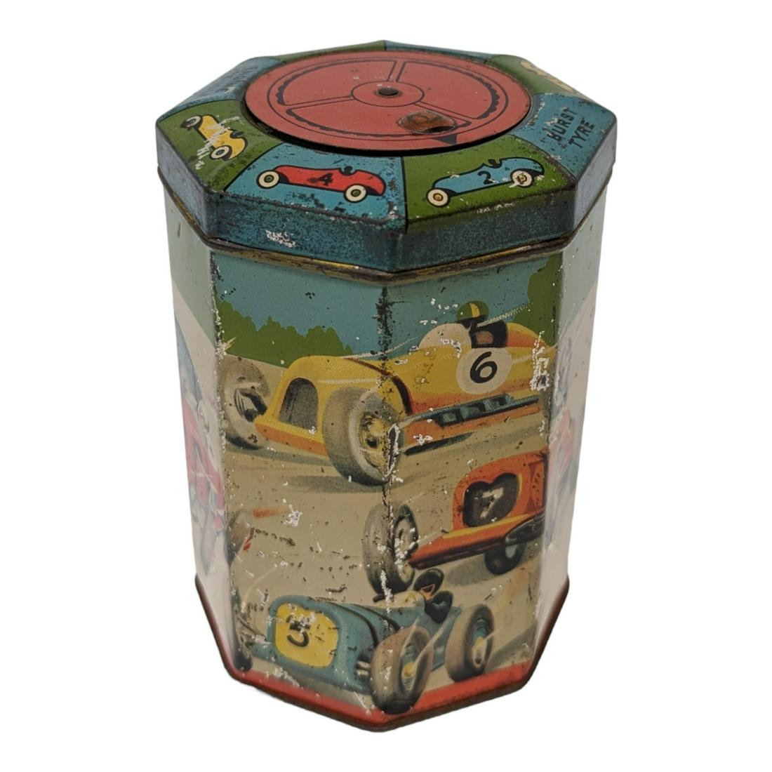 Beautiful Antique Biscuit Tin Showing 7 Numbered Race Cars with Spinner Top Game (1 of 5)