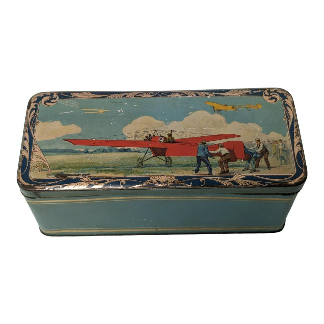Vintage L. Chambon Nantes Biscuit Tin Showing Red Bi-Plane (1 of 5)
