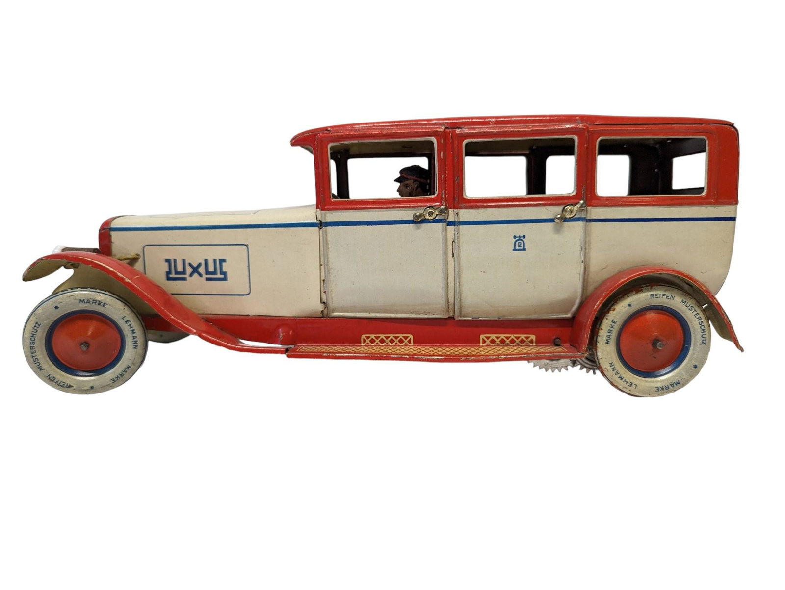 RARE Prewar Germany Wind-up LEHMANN EPL 785 'Luxus' Limo Limousine Car: Vintage LEHMANN (Prewar Germany) Tinplate Lithographed Windup EPL 785 'LUXUS' Limo Car with battery operated headlights that even still have the original bulbs. Perfect working order. Ivory body with