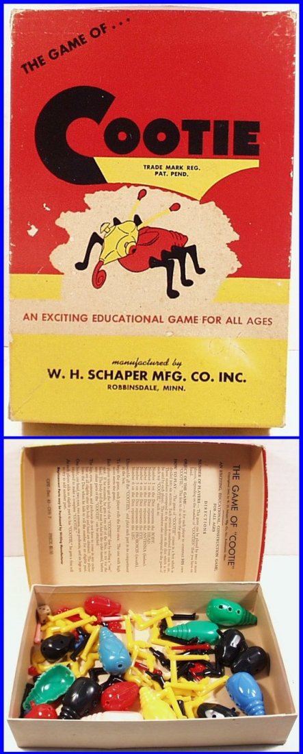 Game of Cootie, copyright 1949 (bb9): Game of Cootie, copyright 1949, W.H. Schaper, Robbinsdale, MN, box is 9-1/4 in. x 6-1/4 in.