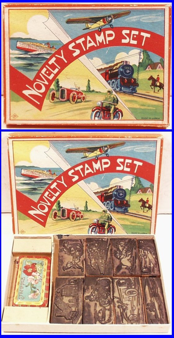 Pre-war Japanese Stamp Set in original box (bb9): Airplanes Race Boats Cars Trains, beautiful pre-war Japanese Stamp Set, excellent condition in original box, box is 6-1/4 in. x 4-1/2 in.