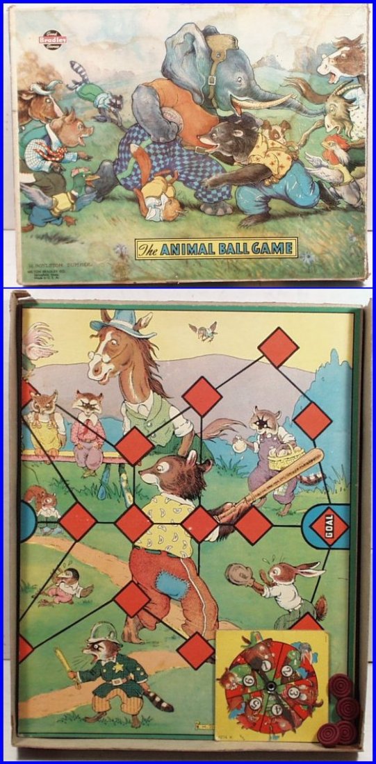 The Animal Ball Game, H. Boylston Dummer (bb13): The Animal Ball Game, Milton Bradley, H. Boylston Dummer designer, game is in very good original condition, bottom of box is missing one flap, top of box has some inside flap repair, copyright 1939, n