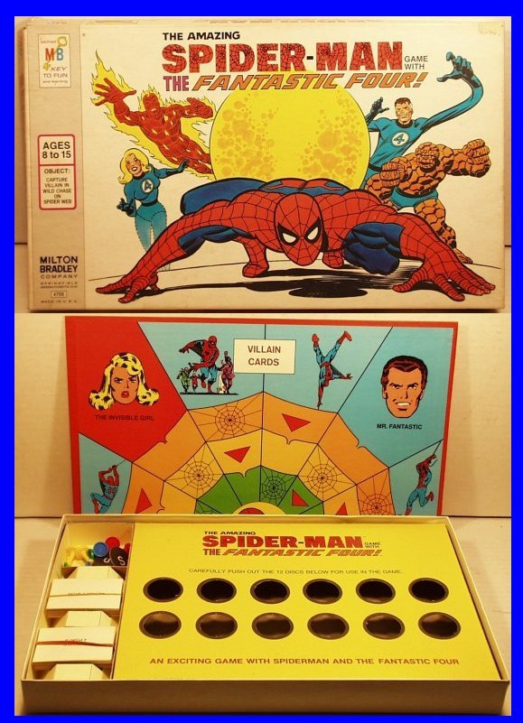 1977 Spider-Man with the Fantastic Four Game (bb14): Spider-Man with the Fantastic Four Game, copyright 1977, Milton Bradley, game is excellent condition, one corner of box top inside repaired, box is 16 in. x 9-5/8 in.
