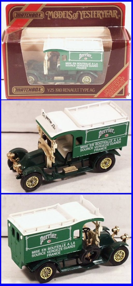 1910 Renault Type AG Van, Perrier, Y25-1-6 (DC-S19): 1910 Renault Type AG Van, Perrier, Y25-1-6, dark green bonnet and chassis, bright green body, white type B roof, type 2 side light lens, 12 spoke gold wheels, mint condition in original type J box, 1: