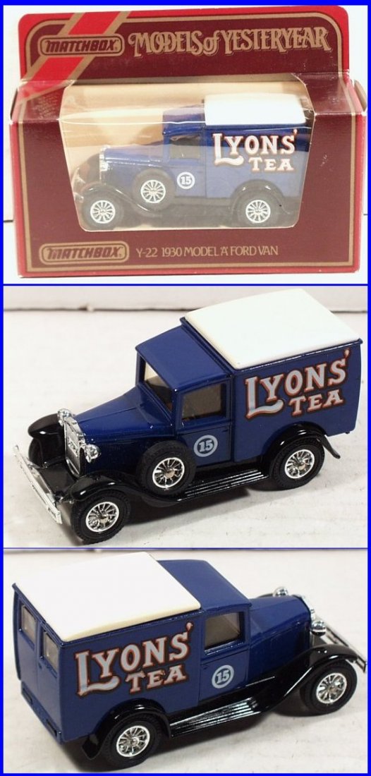 1930 Model A Ford Van "Lyons Tea", Y-22-1-1 (DC-S22): 1930 Model A Ford Van "Lyons Tea", Y22-1-1, dark blue body, black chassis, white plastic roof, 12-spoke chrome wheels, "Made in Macau", 1:40 scale, copyright 1984, Matchbox Models of Yesteryear, mint 