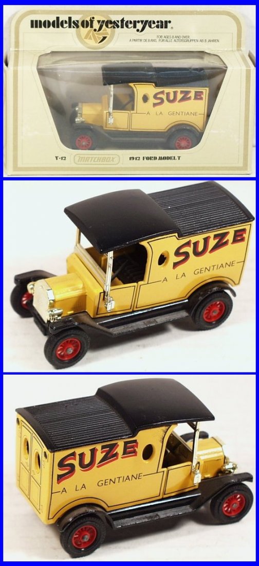 Matchbox 1912 Ford Model T, Suze, Y12-3-11 (DC-S34): 1912 Ford Model T, Suze, Y12-3-11, yellow body, black chassis, matte black roof, black type 2 rear doors, 12 spoke red wheels, without Y12 cast on base, mint condition in original type I box, 1:35 sca