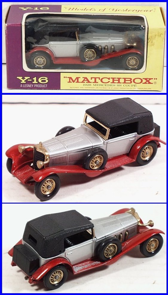 Matchbox 1928 Mercedes SS Coupe, Y16-2-3 (DC-S39): Matchbox Models of Yesteryear 1928 Mercedes SS Coupe, Y16-2-3, silver body, red chassis, textured rear luggage trunk, without rear cast axle differential, mint condition in original type G box, box is