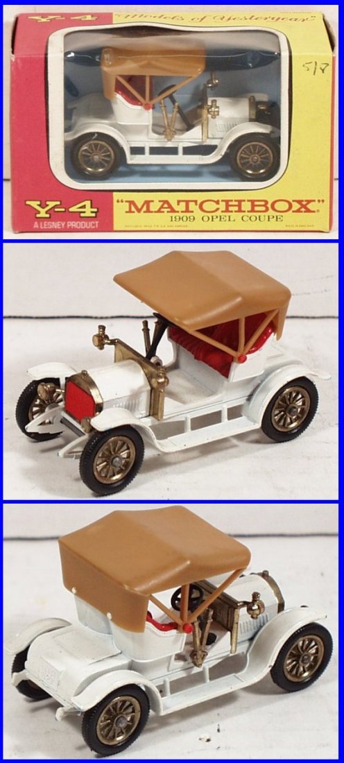 Matchbox Models of Yesteryear Y4-3-12 Opel (DC-S31): Matchbox Models of Yesteryear Y4-3-12 Opel Coupe 1909, light cream body and chassis, light brown smooth roof, bright red seats and grille, closed rear mudguard struts, scarce issue, 1:38 scale, mint c