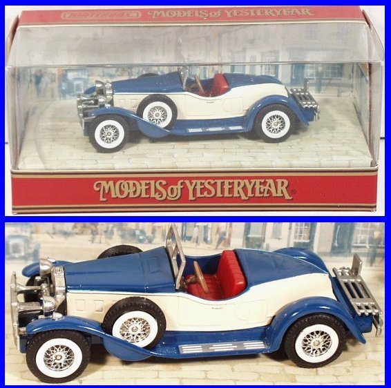 Matchbox Models of Yesteryear Y14 Stutz Bearcat: Matchbox Models of Yesteryear Y14-3-21 Stutz Bearcat, cream body, blue top panels and chassis, maroon seats, tan steering wheel with black spokes, type B rear bumper, cast V ridge on boat tail, 1:44 s