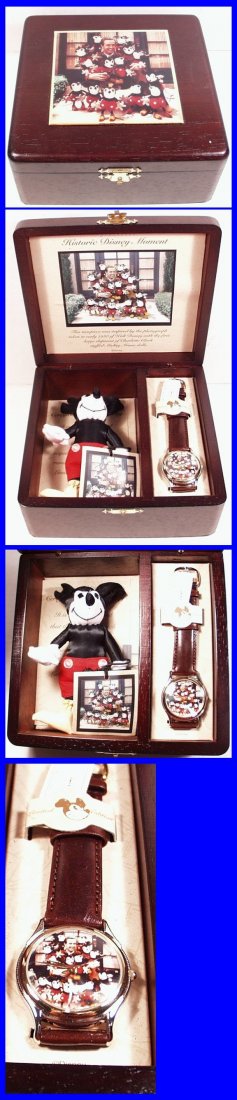 Walt Disney Mickey Mouse watch & stuffed Mickey (DSW1): Walt Disney Commemorative Mickey Mouse watch and stuffed Mickey in beautiful wooden presentation case, 5 in. Charlotte Clark stuffed pie-eyed Mickey, mint condition in the original case, case is 6-1/2