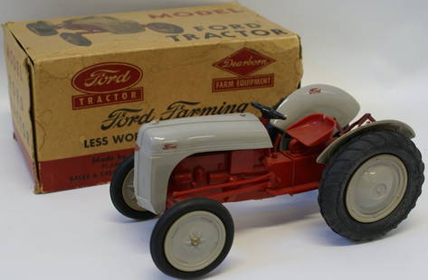 1950's Dearborn Farm Equipment Ford Farming Tractor,: 1950's Dearborn Farm Equipment Ford Tractor, made by Aluminum Model Toys, Ford Farming. Has a 3 point hitch. Made in the USA. Tractor measures 9" (over the 3 point hitch). Perfect decals!