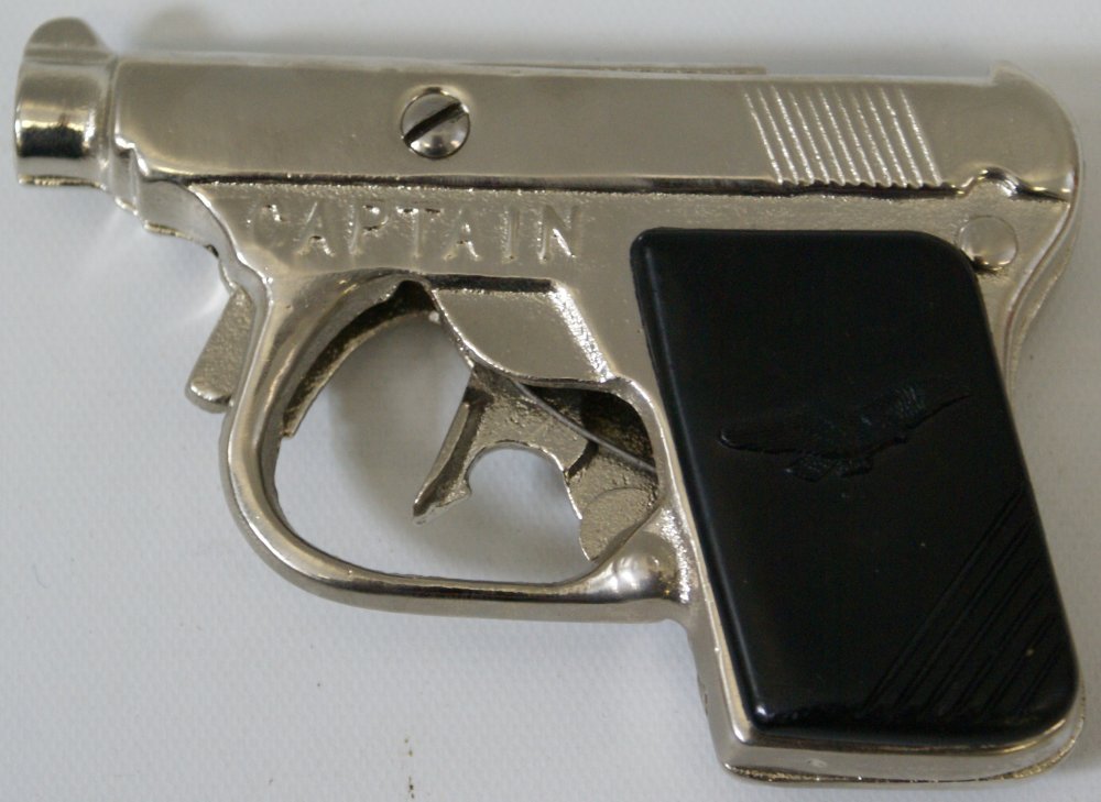 Cast Iron Hubley 'Captain' 45 Automatic Cap Gun Pistol,: Cast Iron Hubley 'Captain' 45 Automatic Cap Gun Pistol, black handle version. Gun has been totally restored by Classic Tin Toy Co., including heavy copper and nickel plating. Perfect working order. Gu