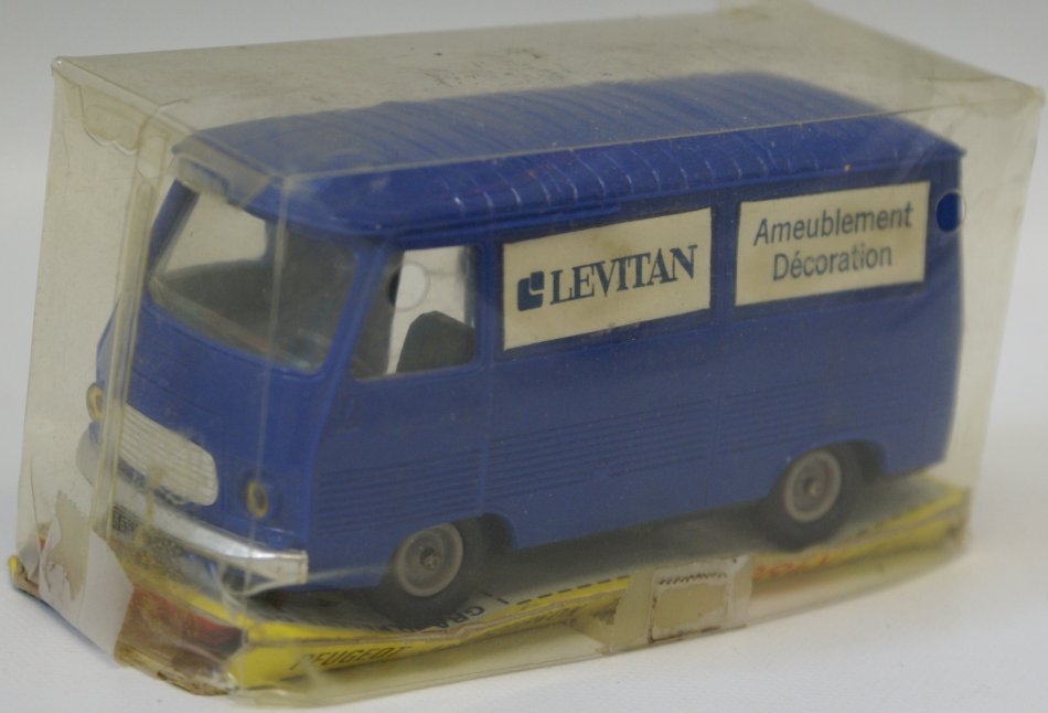 NOREV "Levitan" Peugeot J7 Fourgon Tole Van #7: Vintage NOREV "Levitan" Peugeot J7 Fourgon Tole Van #7 Ameublement Decoration, Les Miniatures DE, Serie D, bright blue color, 4" long, 1:43 scale, made in France, mint condition with the exception of
