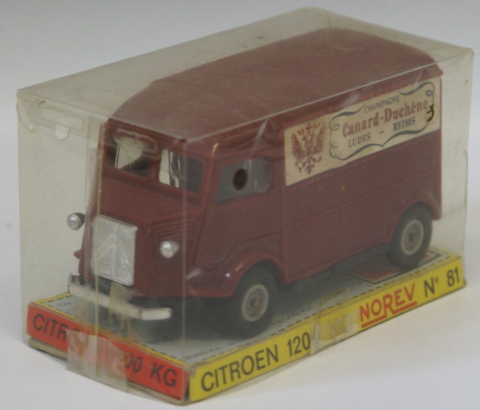 NOREV "Champagne Canard Duchene Ludes - Reims" Citroen: Vintage NOREV "Champagne Canard Duchene Ludes - Reims" Citroen 1200 KG Truck #81, Les Miniatures DE, Serie D, burgundy color, 4" long, 1:43 scale, made in France, mint condition in original packaging,