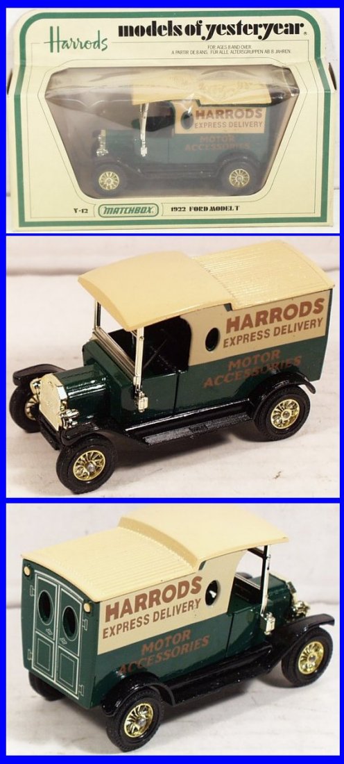 Matchbox 1922 Ford Model T, Harrods, Y12-3-1 (DC-S35): Matchbox Models of Yesteryear 1922 Ford Model T, Harrods, Y12-3-1, light khaki roof, light cream upper side panels, black seats, type 2 rear doors, mint condition in original type I box, 1:35 scale, c