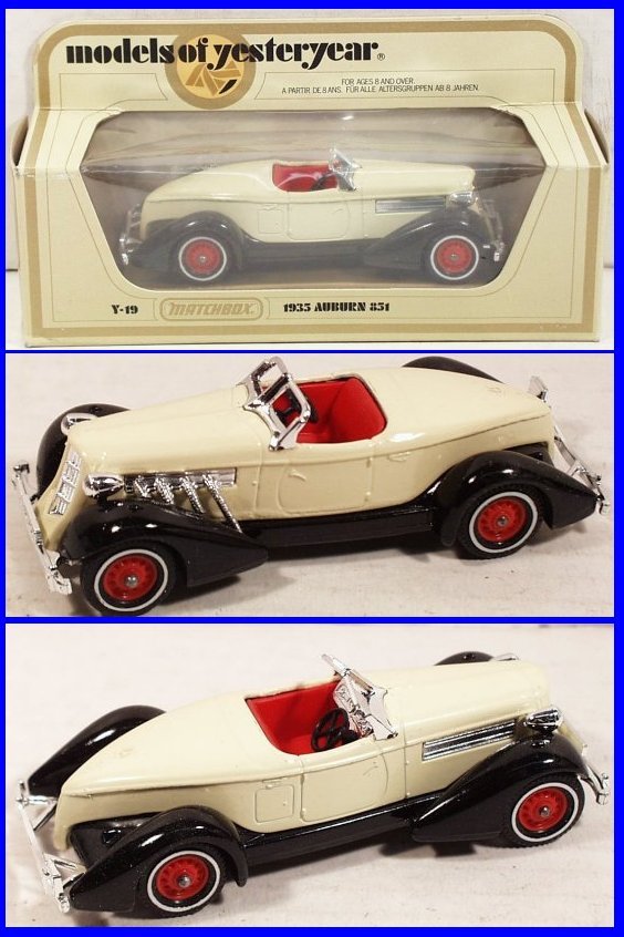 Matchbox MOY 1935 Auburn 851, Y-19-1-7 (DC-S23): 1935 Auburn 851, Y-19-1-7, light cream body, black chassis, bright red seats and solid wheels, scarce issue, 1:42 scale, copyright 1979, made in England, Matchbox Models of Yesteryear, mint condition 