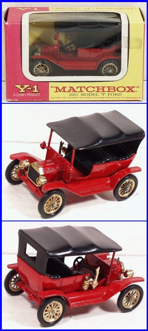 Matchbox Models of Yesteryear Y1 Ford Model T (DC-S31): Matchbox Models of Yesteryear Y1-2-6 Ford Model T Car, dark red body, brass plated parts, black seats and smooth roof, 1:42 scale, mint condition in original type F box, made in England, Matchbox Mode