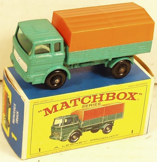 Matchbox 1e Mercedes LP Cov. Truck (DC-S30): Matchbox Regular Wheels No. 1e Mercedes LP Covered Truck, sea green, orange plastic canopy, tow slot, mint condition in original type E4 color picture box, made in England, Matchbox Series, A Lesney p